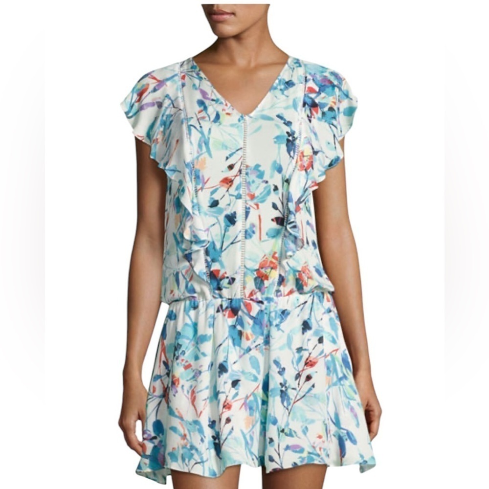 Parker Lana Drop-Waist Dress White Pattern Mini Size XS